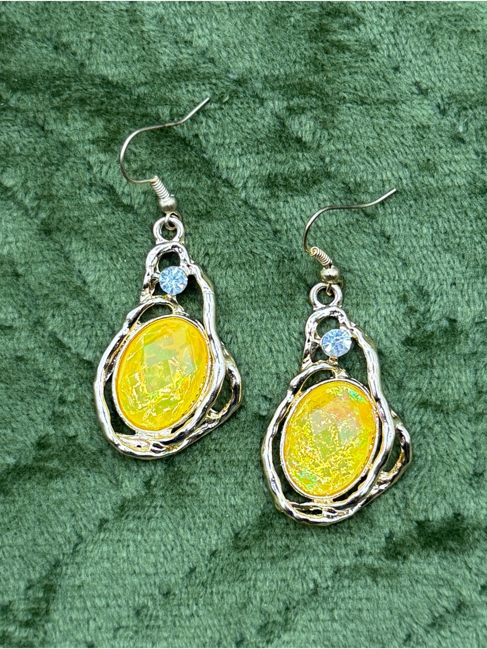 Y2K Drop Earrings w/ Faceted Yellow Opals, Clear Crystals in Liquid Gold Setting